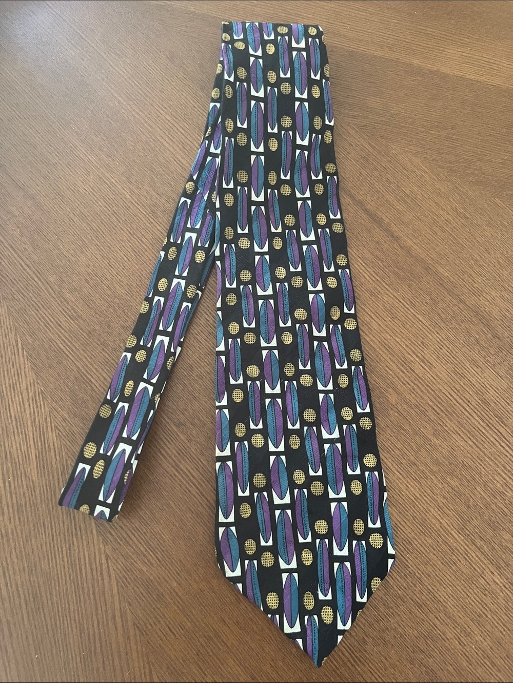 Martin Wong Black Silk Tie with Purple, Teal & Gold Geometric Motif